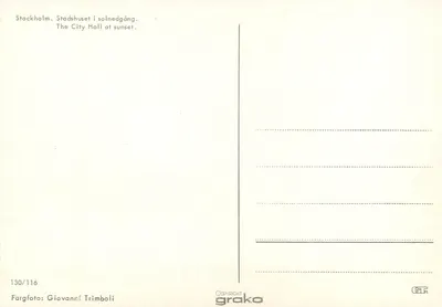 Stockholm — Hala Pałacowa przy zachodzie słońca — grako 130/116 — Rewers