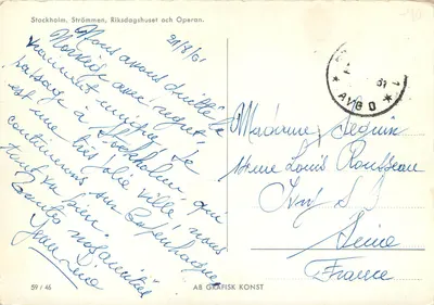 Estocolmo. Strömmen, Riksdagshuset e Operan — AB GRAFISK KONST, n° 59/46 — Verso