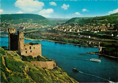 Ruínas de Ehrenfels — com vista para o Mäuseturm e a cidade de Bingen-sur-le-Rhin — Verlag Wilhelm Schafer