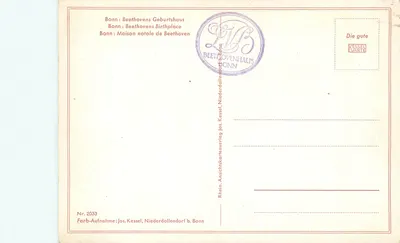 Bonn: Casa natal de Beethoven — vista de rua com igreja — editor Jos. Kessel, Niederdollendorf b. Bonn, n° 2033 — Verso