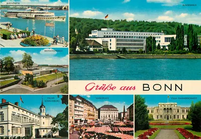 Bonn — Grâce aos locais: Renânia, Bundeshaus, Beethovenhalle, Palácio Schaumburg, Marktplatz, Villa Hammerschmidt — editor Verlag Wilhelm Schäfer