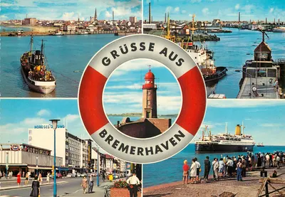 Bremerhaven — vista panorâmica do porto com farol e navios — editor Kultore, n°15/16