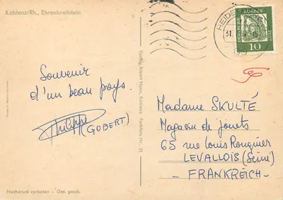 Koblenz/Ehrenbreitstein — widok z zamku nad Rynem — Verlag Albert Norn, Koblenz, Forstfoto Nr. 31 — Rewers
