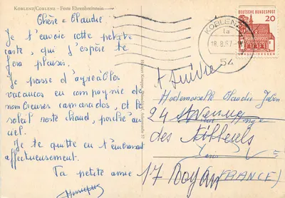 Koblenz — widok na Ryn wraz z łodzią i zamekiem — wydawca nieodczytelny — Rewers