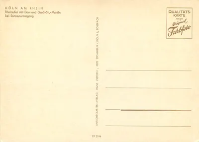 Cologne am Rhein — Rheinufer mit Dom und Groß-St.-Martin bei Sonnenuntergang — Hans Ziehten Ansichtskarten-Verlag, FF 2744 — Verso
