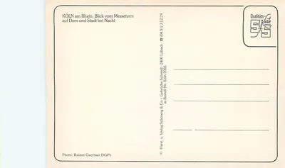Köln nad Rynem — nocny widok katedry i miasta — wydawca KÖLN am Rhein, n° 7055 — Rewers