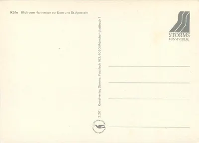 Köln — widok z Hahnentor na katedrę i kościoł Świętego Apollinaria — STORMS Kunstverlag — Rewers
