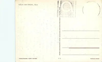 Katedra w Kolonii — noc — wydawca Canuga, nr F 13 — Rewers