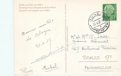Köln nad Rynem — widok panoramiczny z katedrą, mostem i fontanną — Sühwold-Verlag — Rewers