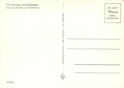 Konstanz nad jeziorem Constance — Widok na bazylikę i hotel na wyspie — Werner Verlag — Rewers