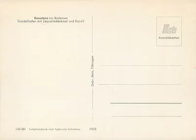 Konstanz nad jeziorem Bodensee — Gondelhafen z pomnikiem Zeppelina i Konzylu — Gebr. Metz, Tübingen — Rewers