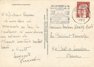Konstanz nad jeziorem Bodensee — widok portu z zasnieżonymi górami — Autotafähre Konstanz-Meersburg — Rewers