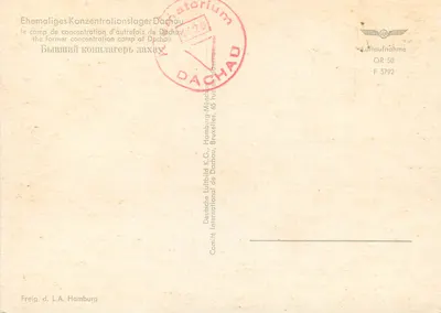 Campo de concentração de Dachau — vista aérea — Deutsche Internationale Postkarte — Verso