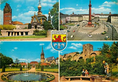 Darmstadt — vista panorâmica com igreja, praça central, fonte e ruínas — editor não identificado