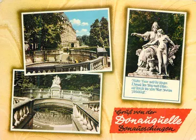 Donauquelle — vista do castelo e da estátua — editor Schöning & Co., Doneschingen
