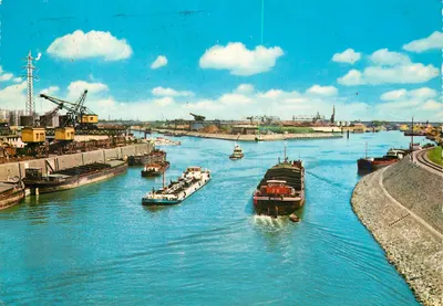 Porto de Duisburg — vista do canal e das gruas — editor Krueger, n° 1034/4