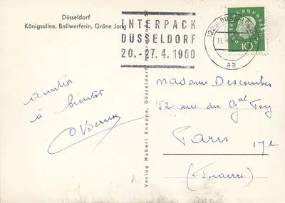 Düsseldorf — widok panoramiczny, fontanna i figura — wydawca Verlag Hubert Knappe — Rewers