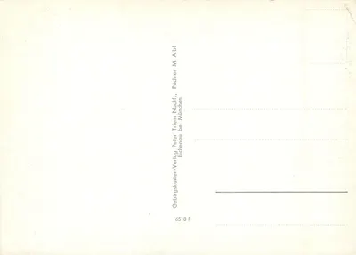 Narciarz w spadku swobodnym — "Kömme bald!" — Gebirgskarten-Verlag Peter Aibl, seria 6518 F — Rewers