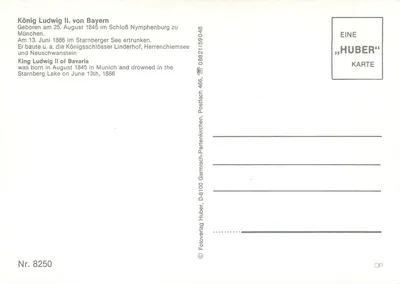 Rei Luís II da Baviera — Nymphenburg e morte no lago de Starnberg — Huber, Nr. 8250 — Verso