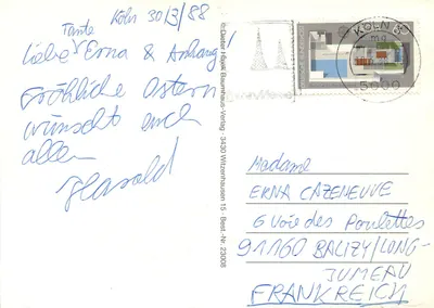 Coelho e vendedora de ovos — ilustração humorística — Dieter Haeck Baumnhaus-Verlag, Best.-Nr. 23008 — Verso