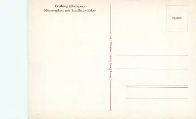 Freiburg (Breisgau) — Münsterplatz z wydzielonym sklepem — Verlag Erwin Burda, Freiburg i. Br. — Rewers