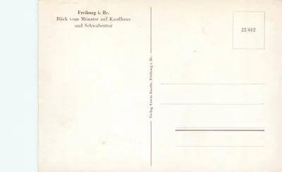 Freiburg i. Br. — Widok na Münster nad Kaufhaus i Schwabentor — Verlag Erwin Burda — Rewers