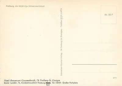 Freiburg im Breisgau — vista panorâmica — Schmelzer-Nicolai-Verlag, n° 98 F — Verso