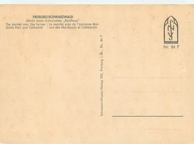 Mercado de Freiburg/Schwarzwald — perto da antiga Halle dos Mercadores e da Catedral — editor Schmeitzer-Nicolai-Verlag, n° 84 F — Verso
