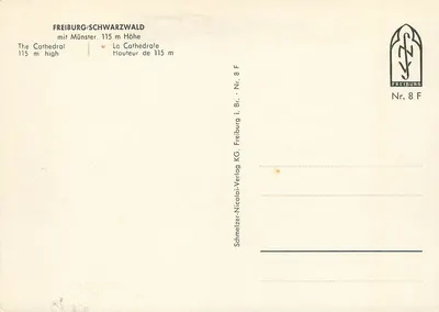 Freiburg/Schwarzwald — Katedra o wysokości 115 m — Schmelzer-Nicolai-Verlag KG, nr 8 F — Rewers