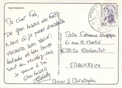 Freiburg w nocy — Nocturny widok zabytkowych zabytków — Verlag Schöning & Co + Gebrüder Schmid, Frbg 321 — Rewers