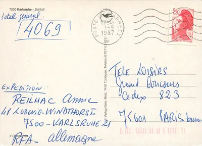 Zamek Karlsruhe — widok zamku z wieżą i niemieckim flagiem — wydawca Verlag Gebr. Meitz — Rewers