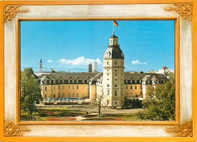 Schloss Karlsruhe — vista do castelo com bandeira alemã — Verlag Gebr. Metz, n° F Of 720/394