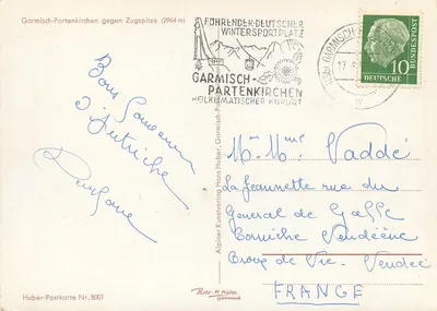 Garmisch-Partenkirchen tegen de Zugspitze (2964 m) — Alpiner Kunstverlag, Huber-Postkarte Nr. 8001 — Achterkant