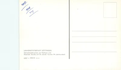 Göppingen — Fontanna Gänseleis przy ratuszu i ulicy Weeender z kościołem św. Jakuba (XIV wiek) — Uniwersytet w Göttingen — Rewers