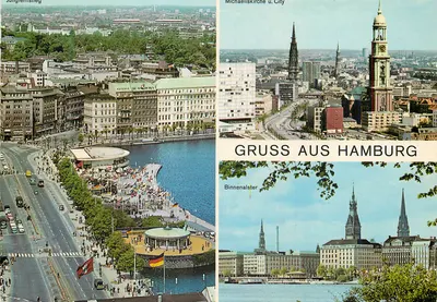 Vista de Hamburgo — Jungfernstieg e Igreja de São Miguel e Cidade — Saudações de Hamburgo — Binnenalster