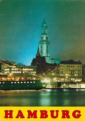 Hamburgo — vista noturna do porto com a Igreja de São Miguel — editor Käse 920.347