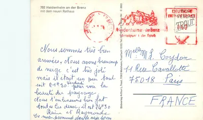 Heidenheim an der Brenz — vista aérea invernal com igreja e edifício moderno — Bildverlag Arthur L. Traut, n° 792 — Verso