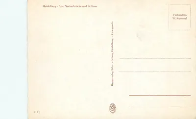 Heidelberg — Alte Neckarbrücke e Schloss — Kunstverlag W. Rummel, F 21 — Verso
