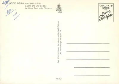 Heidelberg — Castelo e Ponte Velha — F. Gärtner, Nr. 701 — Verso