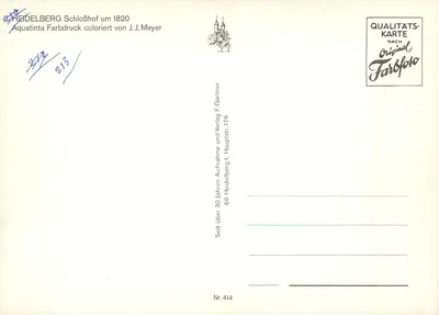 Schlosshof w Heidelberg — kolorowa wersja po aquatintie J.J. Meyer z ok. 1820 — wydawnictwo F. Gärtners — Rewers
