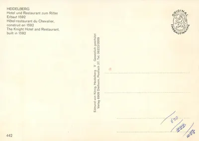 Hôtel-Restaurant zum Ritter — Heidelberg — Wydawca Edmund von König — Rewers