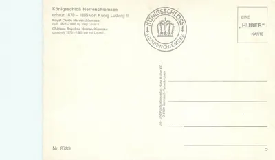 Krolewska pałac Herrenchiemsee — zbudowany 1878–1885 przez króla Ludwiga II — wydawca Huber — Rewers