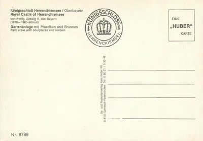 Castelo de Herrenchiemsee — parque com esculturas e fontes — editor Huber, n° 8789 — Verso