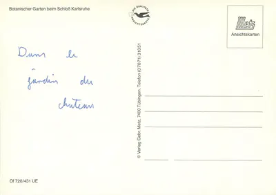 Ogród botaniczny obok zamku w Karlsruhe — wydawca Metz, n° 720/431 UE — Rewers
