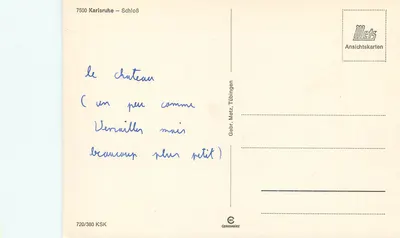Zamek Karlsruhe — widok ogrodu z figurami — wydawca Metz, nr 720/380 KSK — Rewers
