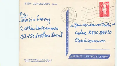 Bilhete postal moderno Guadeloupe Moule — Verso