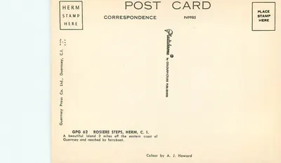 Escadas de Rosiere, Herm — ilha pitoresca — Guernsey Press Co. Ltd., P49985 — Verso