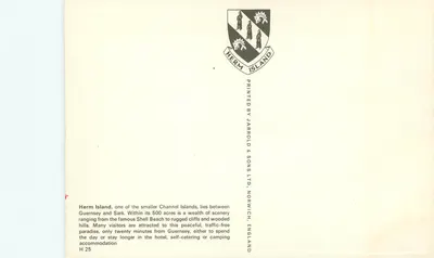 Ilha de Herm — carta ilustrada — impressa por Jarrold & Sons Ltd, Norwich, Inglaterra — Verso