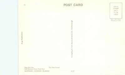 Guernsey, Wyspa Zielona — Widok Petit Bot Bay, Las Sosnowy i Widoki z Klifów — Wydane przez E.T.W. Dennis & Sons Ltd, Scarborough — Rewers