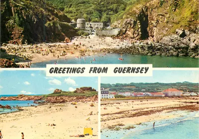 Praia de Guernsey — vista panorâmica — John Hinde Studios, n° 2GY 65